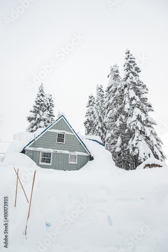a house covered with thick snow on snowy day.