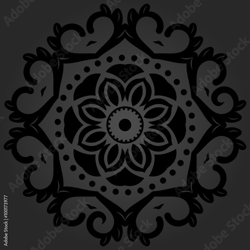 Floral vector round pattern with black arabesques. Abstract oriental ornament