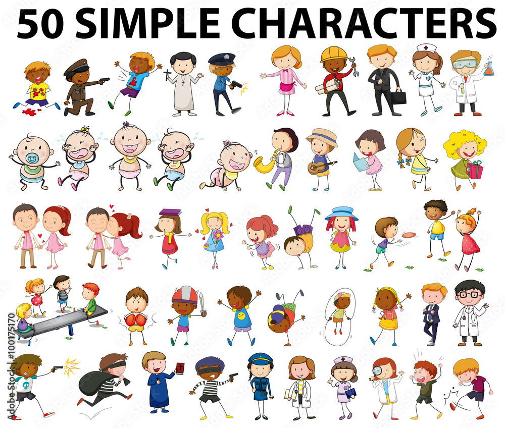 Fifty simple characters doing different things