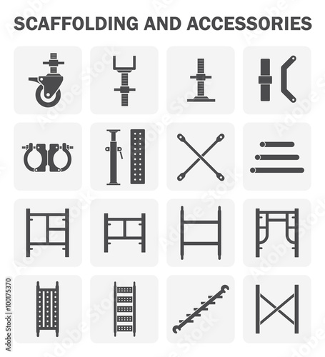 Scaffolding icon also called scaffold or staging. Temporary structure to support work in construction, maintenance and repair of building. Consist of wheel or caster, platform, ladder and frame etc.