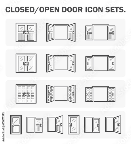 Close open door at front view vector icon. Architecture design for interior exterior of home house, office, building. Include aluminium frame, panel, handle and glass both swing and sliding style.