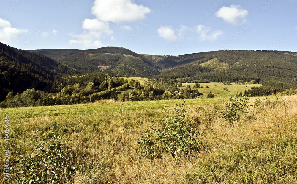 autumn panorama of Kralicky Sneznik mountains with meadow