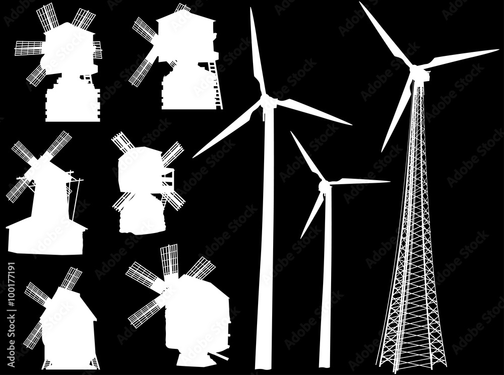 Fototapeta premium set of white windmills and turbine silhouettes