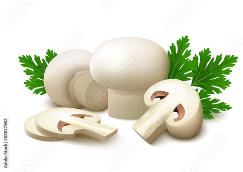 White champignon mushrooms  with parsley leaves on white background
