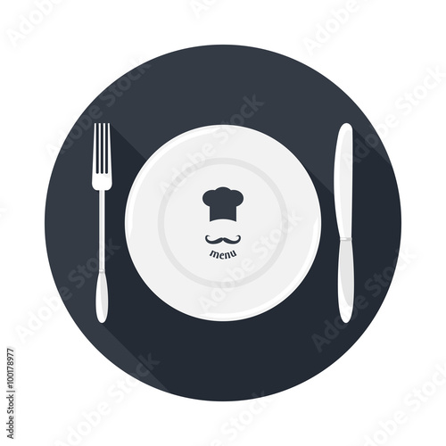 Plate, knife and fork with long shadows. Dining etiquette. Foods Service icon. Menu card. Simple flat vector illustration, EPS 10.