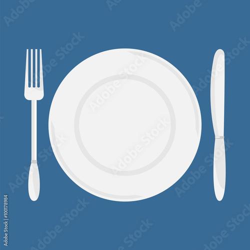 Plate, knife and fork. Dining etiquette. Foods Service icon. Menu card. Simple flat vector illustration, EPS 10.