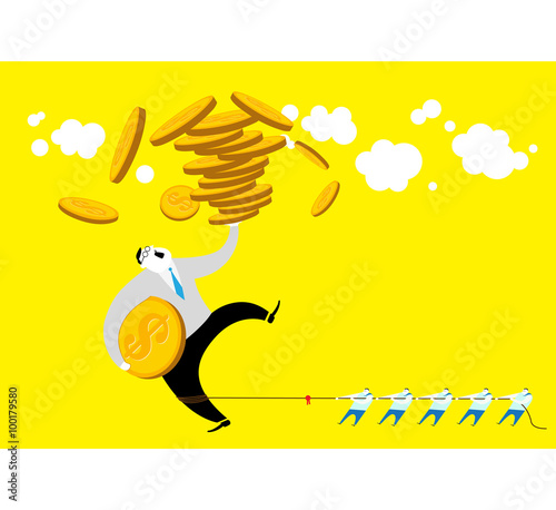 Team work:The power of team work / A group of workers are push and pull with a big businessman holding a lot of money.