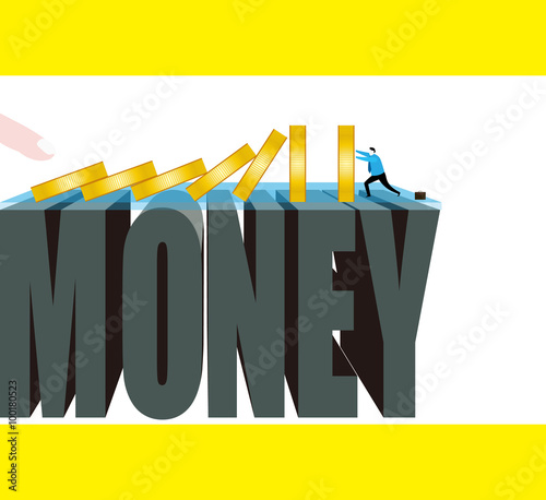Money game is always dangerous. / A finger pushes down coin dominoes,one business fears of being crushed.