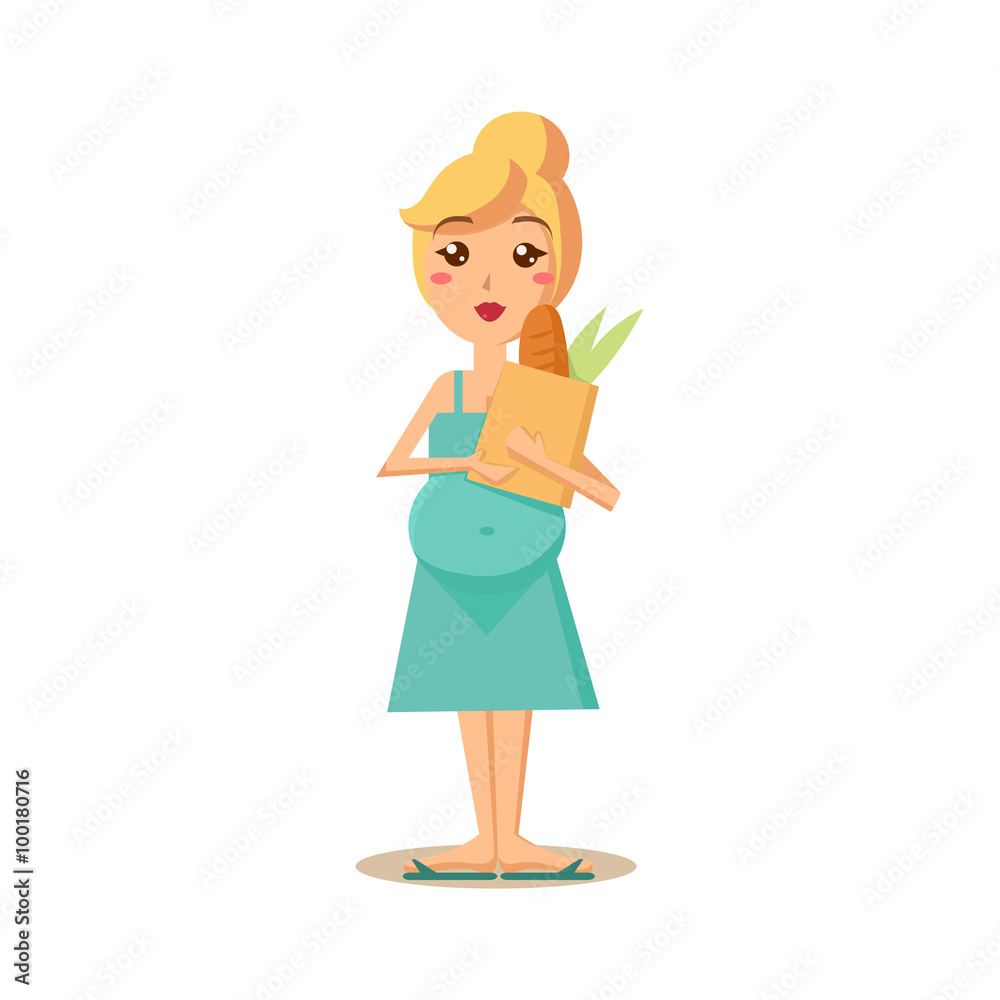 Pregnant Woman Holding a Paper Bag. Vector Illustration Pregnant Woman Holding a Paper Bag. Vector Illustration
