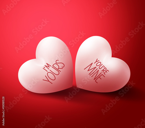 Two Lovers Hearts with You're mine and I'm Yours Written for Happy Valentines Day Greetings in Red Background. Vector Illustration
