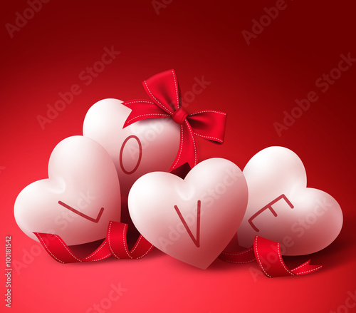 White Love Hearts with Ribbons and Bow for Valentines Day Greeting Card. in Red Background Vector Illustration
