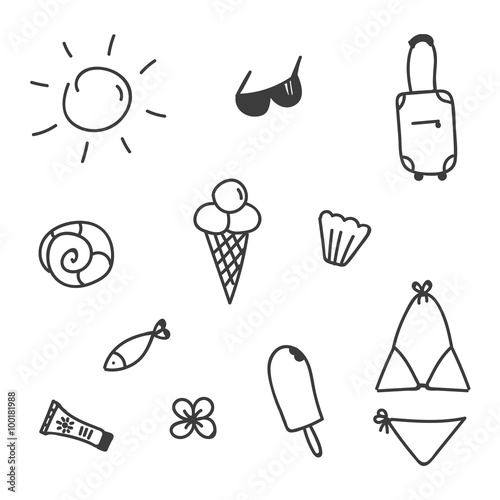 Set of summer doodles isolated on white background. 