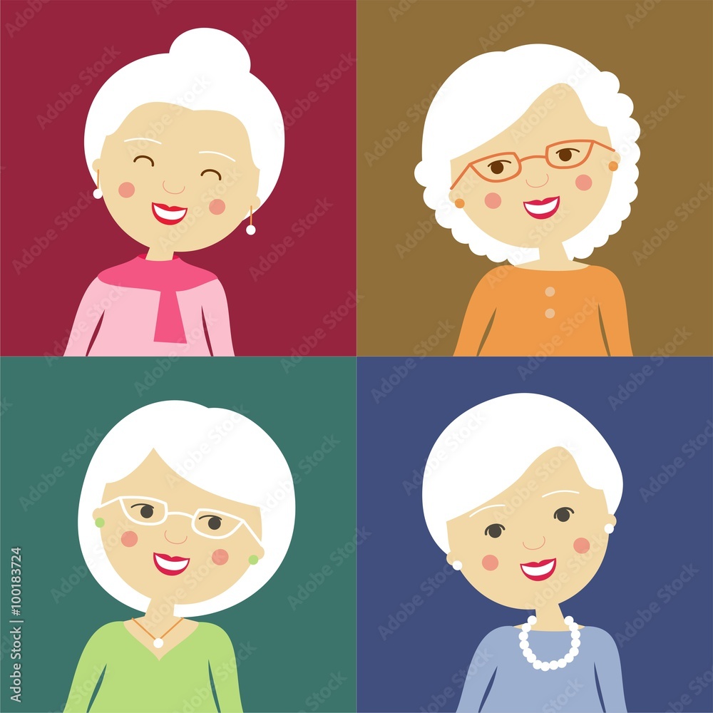 Conjunto de ancianas con el pelo blanco en diferentes fondos de colores Conjunto de ancianas con el pelo blanco en diferentes fondos de colores