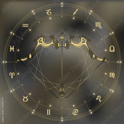Golden bow and arrow, zodiac Sagittarius sign