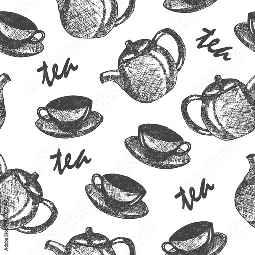 Seamless pattern with hand drawn  tea culture objects.  Vector sketch illustration.
