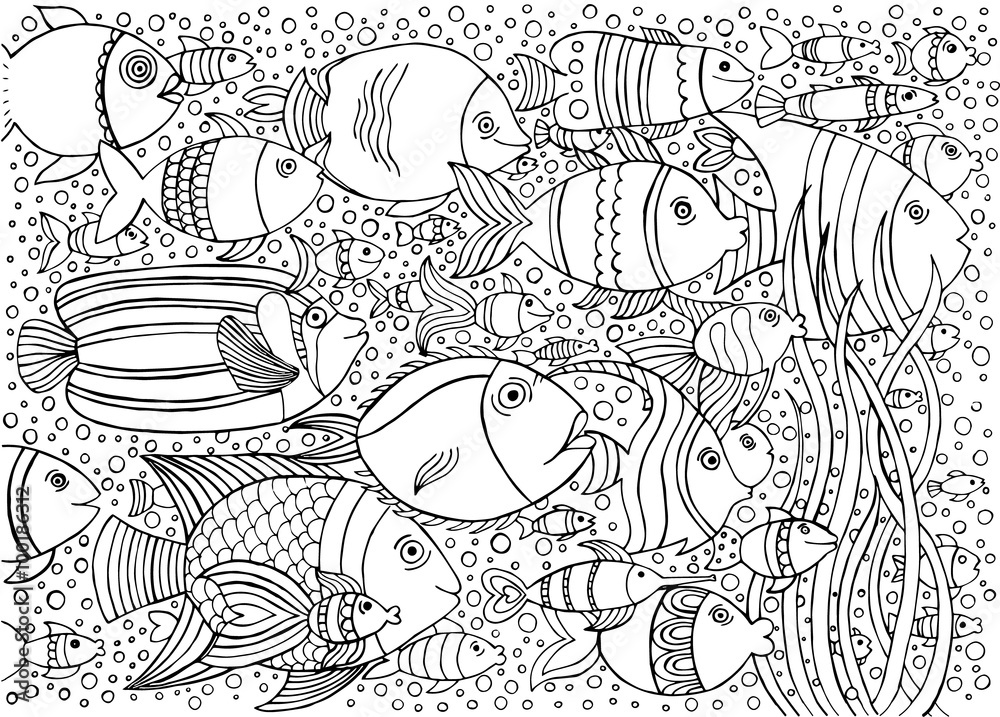 Fototapeta premium Hand drawn with ink background with many fishes in the water. Sea life design for relax and meditation. Vector illustration can be used for coloring book pages for kids and adults.