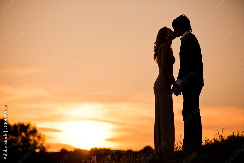 Young couple in love  silhouette, outdoors portrait at the sunset. Young couple in love, outdoors portrait at the sunset. Romantic time in the sunset garden