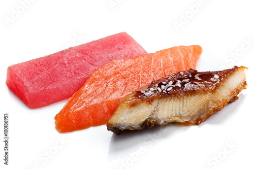 Salmon and tuna meat, eel sashimi isolated on white background