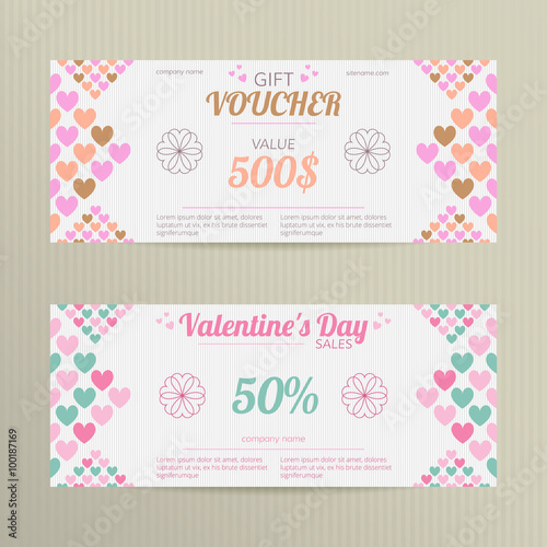 Vector gift vouchers with random colored hearts. Great for Valentine's Day sales. Vector gift coupons. Set of holiday vouchers.