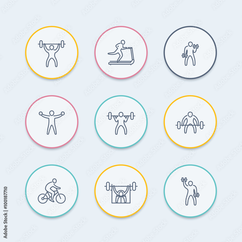 Gym icons, fitness exercises, training, workout round thin line icons, vector illustration
