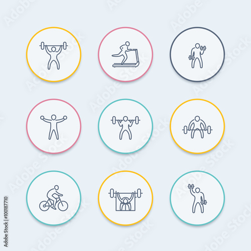Gym icons, fitness exercises, training, workout round thin line icons, vector illustration