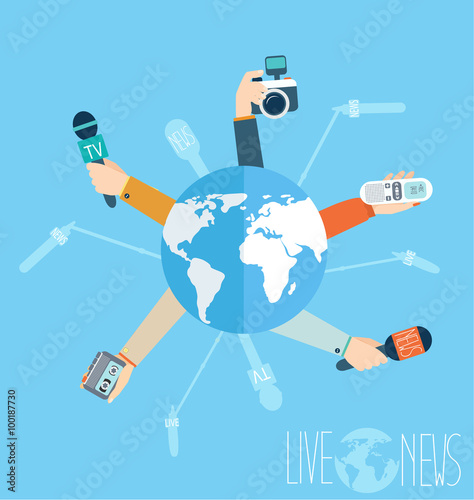 Journalism concept vector illustration in flat style.Vector live report concept, live news, hands of journalists with microphones, camera and tape recorders.