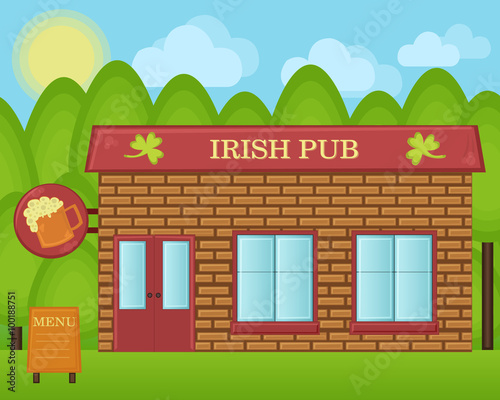Vector cartoon illustration. Irish beer pub building concept. Irland tavern house landscape.