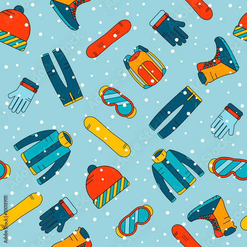 Seamless pattern with accessories for snowboarding. Extreme winter sports icons. Vector snowy background.