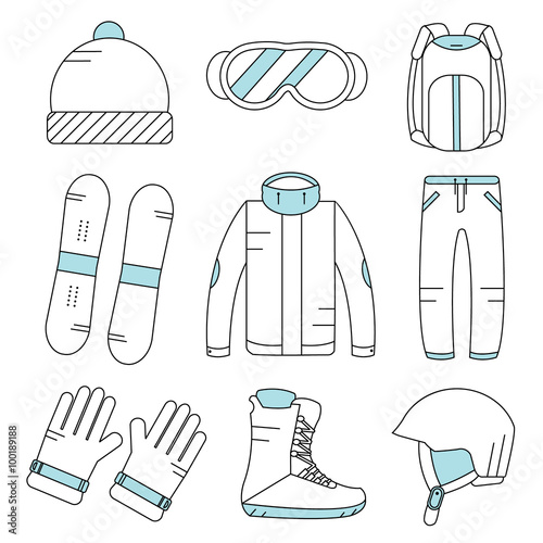 Vector linear snowboard equipment icons set. Winter sport activities icons. Gloves  boots  helmet  snowboard  ski suit  hat  sunglasses  backpack.