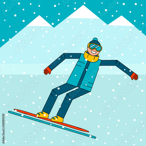 Happy boy snowboarder jumping on a snowboard. Snow mountain landscape. Extreme winter sports. Vector illustration.