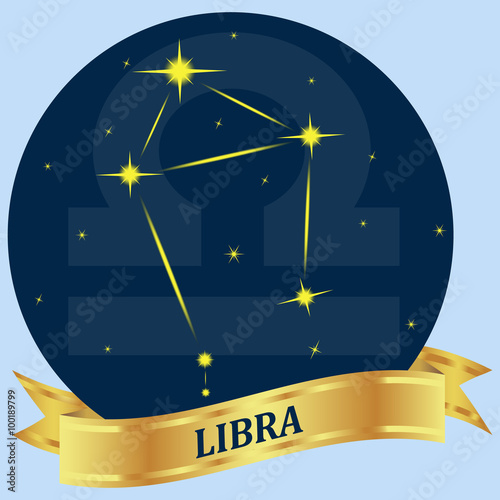 Libra. Constellation and zodiac sign in the blue circle. Gold ribbon. Vector image.