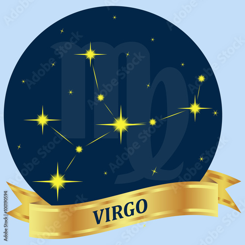 Virgo. Constellation and zodiac sign in the blue circle. Gold ribbon. Vector image.