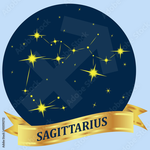 Sagittarius. Constellation and zodiac sign in the blue circle. Golden ribbon. Vector image.