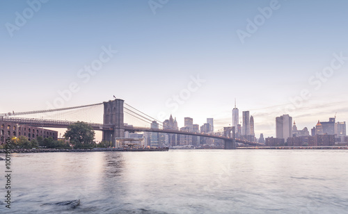 Brooklyn Bridge and Manhattan in rose quartz and serenity colors.
