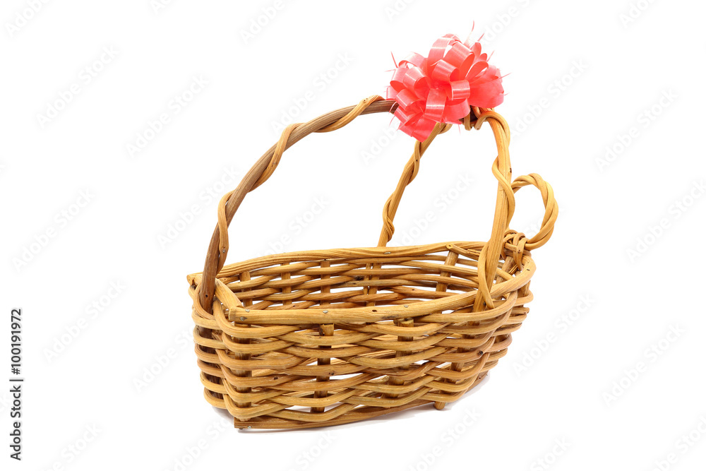 gift basket with empty space and red ribbon tagged on white back