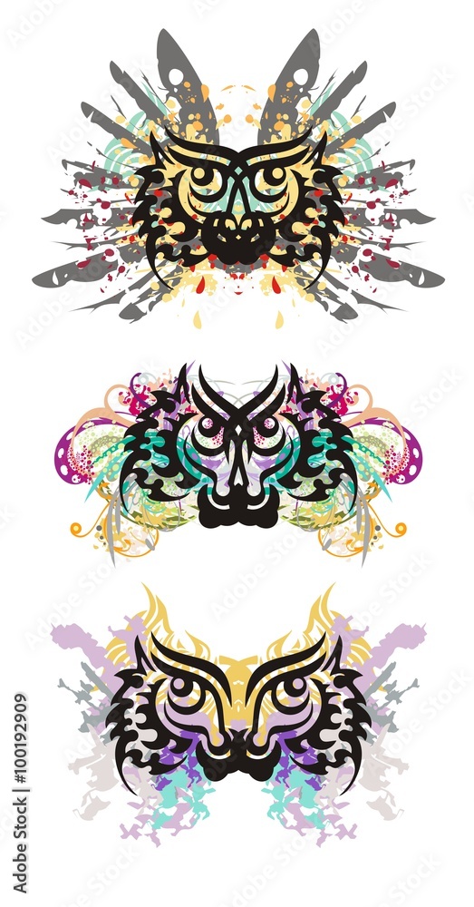 Tribal eyes splashes. Grunge eagle owl's eyes with floral elements,  colorful drops and feathers. Three options on a white background