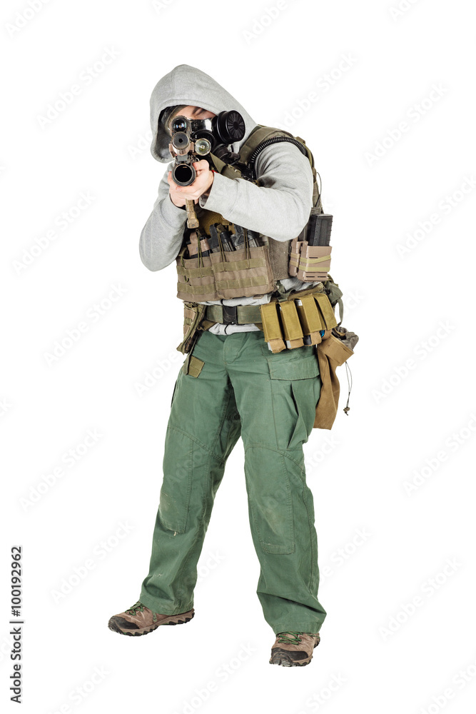rebel with gas mask and rifles against a white background rebel with gas mask and rifles against a white background