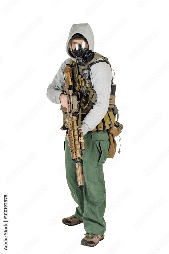 rebel with gas mask and rifles against a white background rebel with gas mask and rifles against a white background