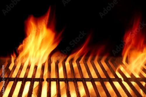 Empty Flaming Barbecue Grill Isolated On Black Background. Top V