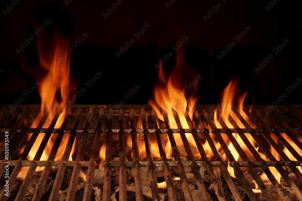 Empty Flaming Barbecue Grill Isolated On Black Background. Top V