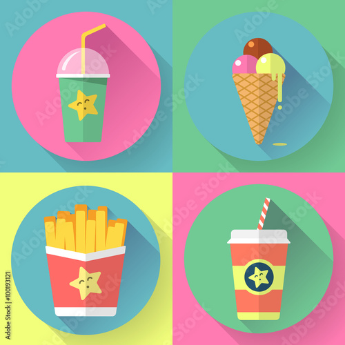 fast food colorful flat design icons set. template elements for web and mobile