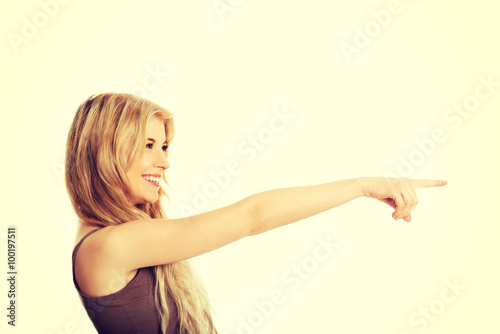 Student woman pointing on the right