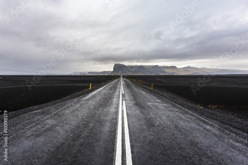 Black road and black sand, Icelandic landscape