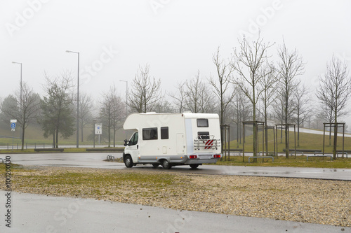 caravan car, in the rain , winter , fog