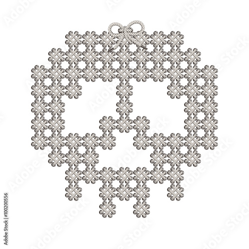 Illustration with the image of knit woven, embroidered skull. Macrame.
