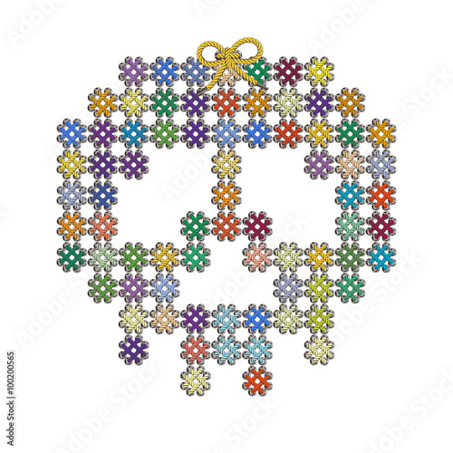 Illustration with the image of color knit, woven, embroidered skull with eye-buttons. Macrame.
