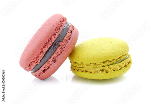 Macaroon dessert on white background.