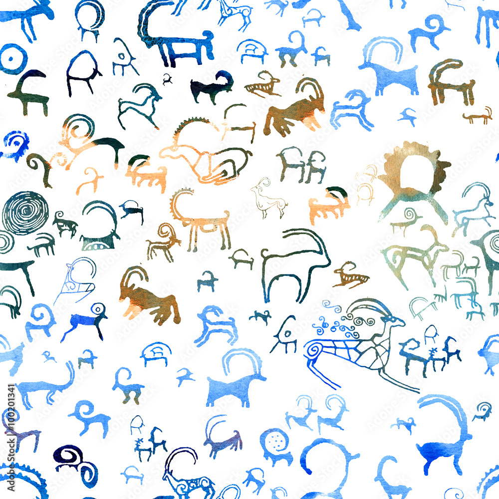 Seamless pattern with petroglyph goats. Handmade blue watercolor goats