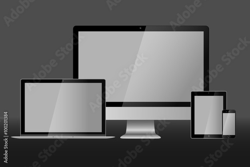 Realistic vector illustration of laptop, desktop computer, tablet and smart phone on grey background