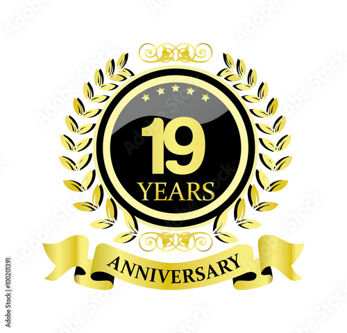19 anniversary with glossy golden wreath and ribbon 